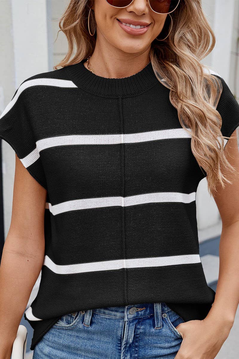 CWTBLS02493_STRIPED CREW NECK SHORT-SLEEVED KNITTED PULLOVER