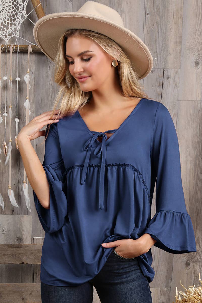 CWTTL1401_3/4 SLEEVE WITH NECK STRING DETAILED TOP