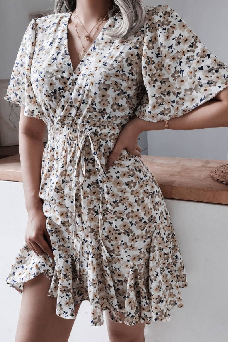 CWDSD4717_V-NECK FLORAL RUFFLED PLEATED DRESS SHORT