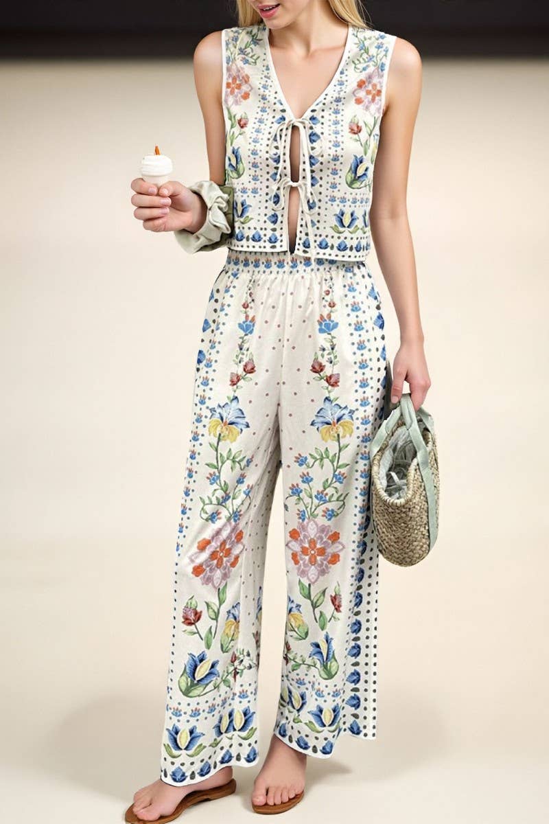 CWSTB00360_PRINTED TIE WAIST VEST & WIDE LEG PANTS SET