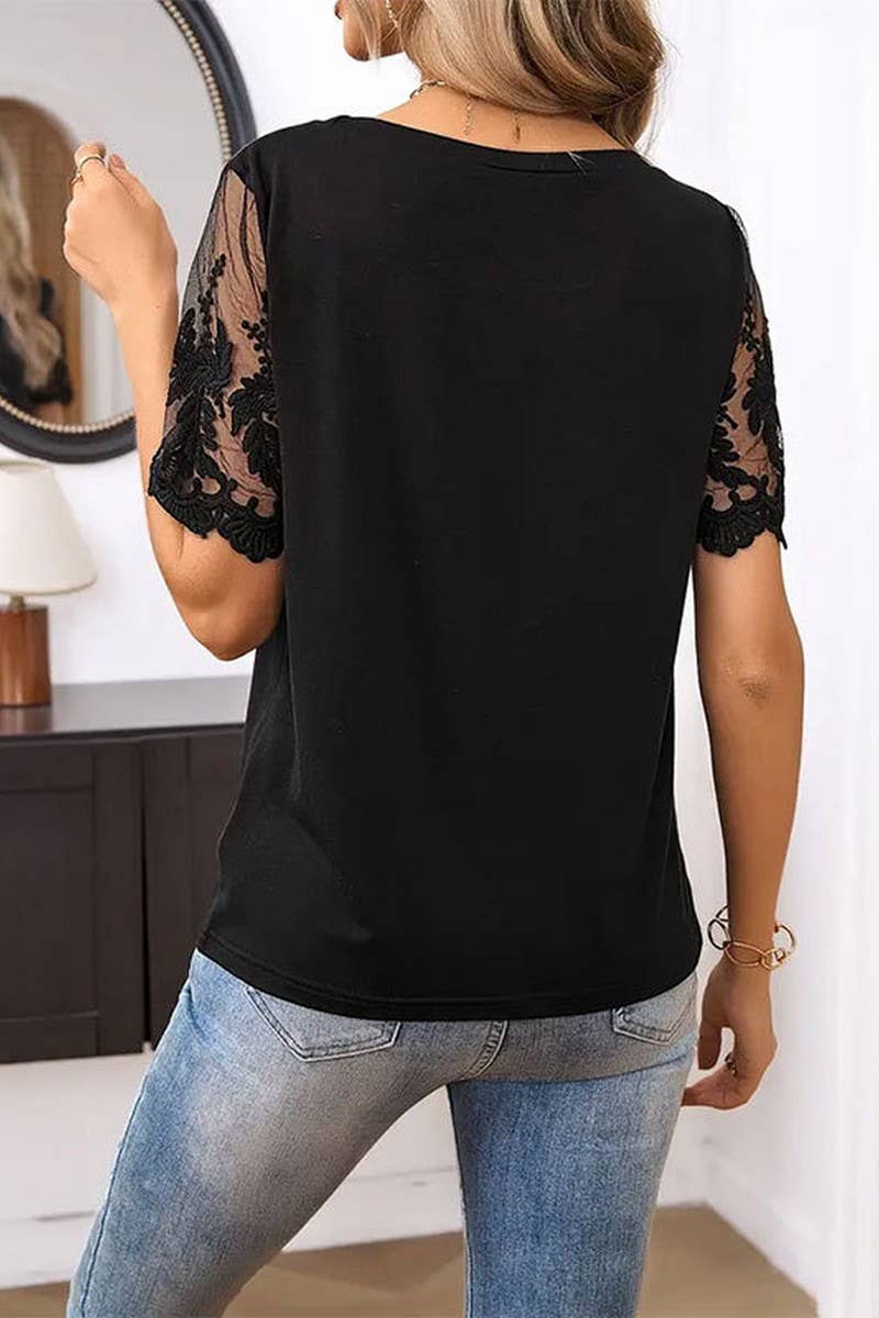 CWTTS1396_SUMMER ELEGANT KNITTED LACE ROUND NECK T-SHIRT