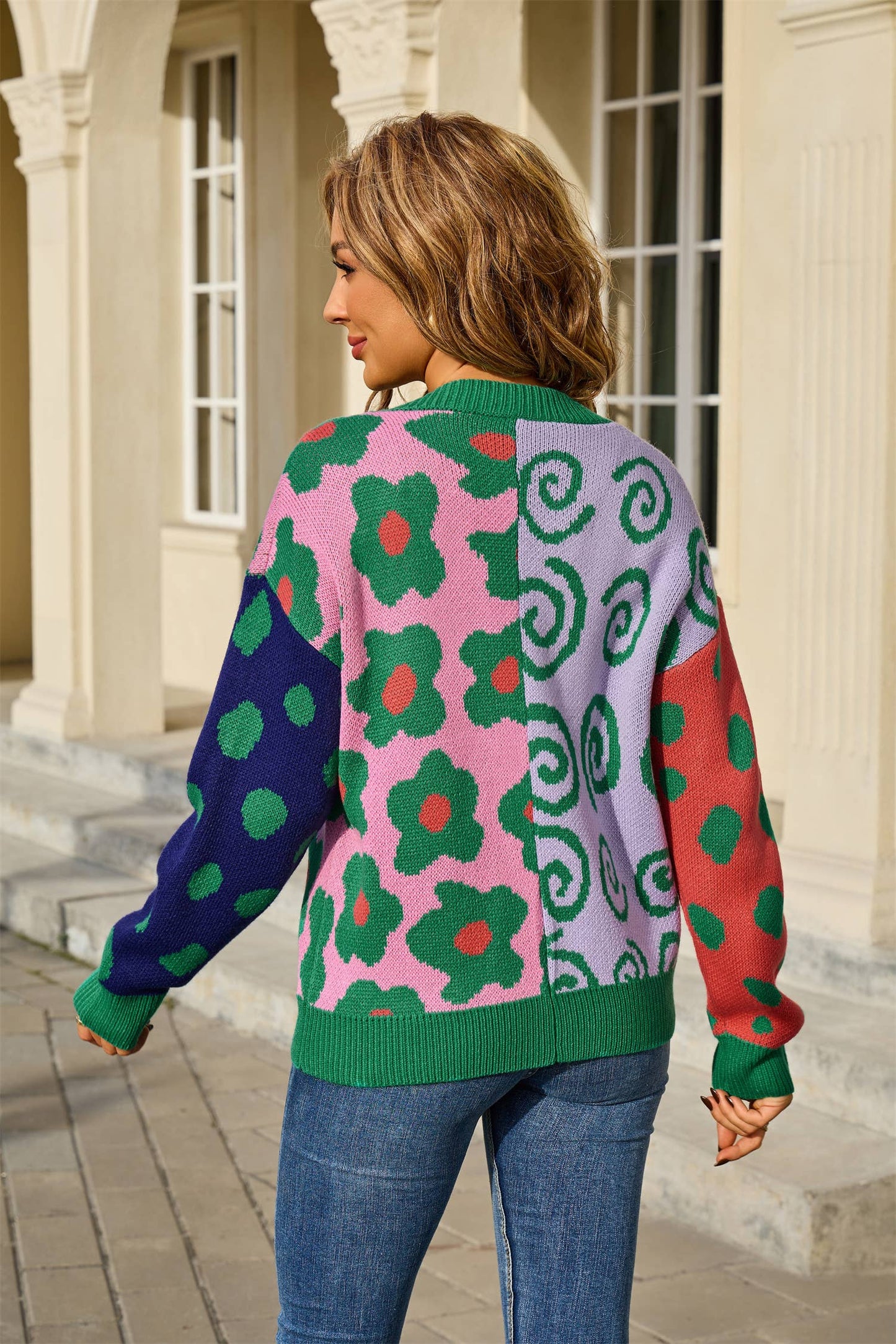 Color-blocking loose,buttonless knitted cardigan