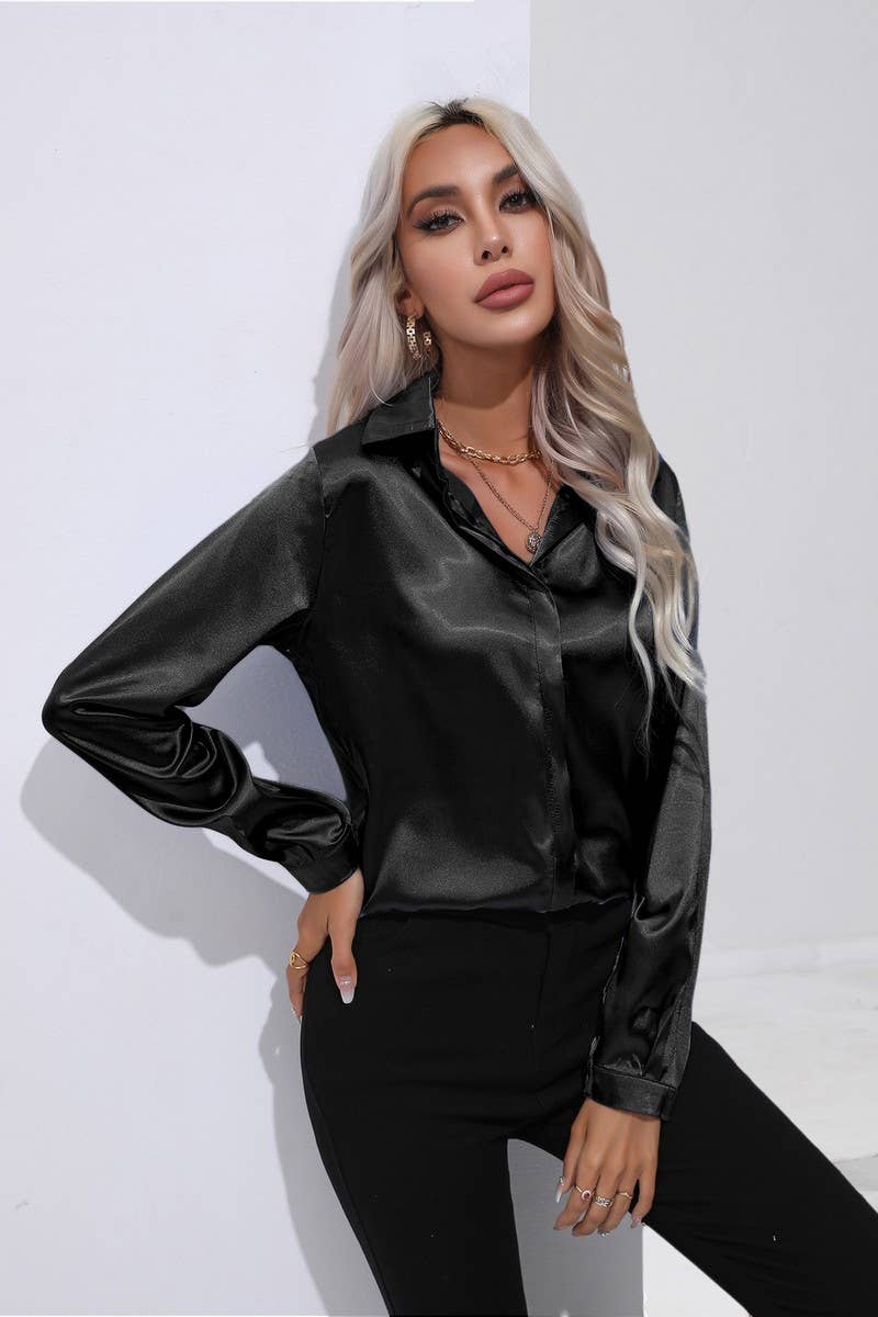 CWTBLL0692_Button Down Silky Satin Long Sleeve Top