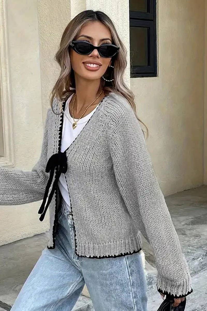 CWOCAL00698_LOOSE KNIT LONG SLEEVE BOW TIE CARDIGAN TOP