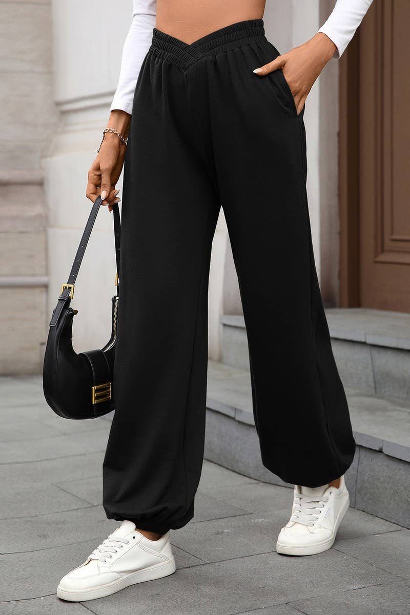 CWBLP01092_HIGH-WAISTED SOLID COLOR CUFFED CASUAL TROUSERS