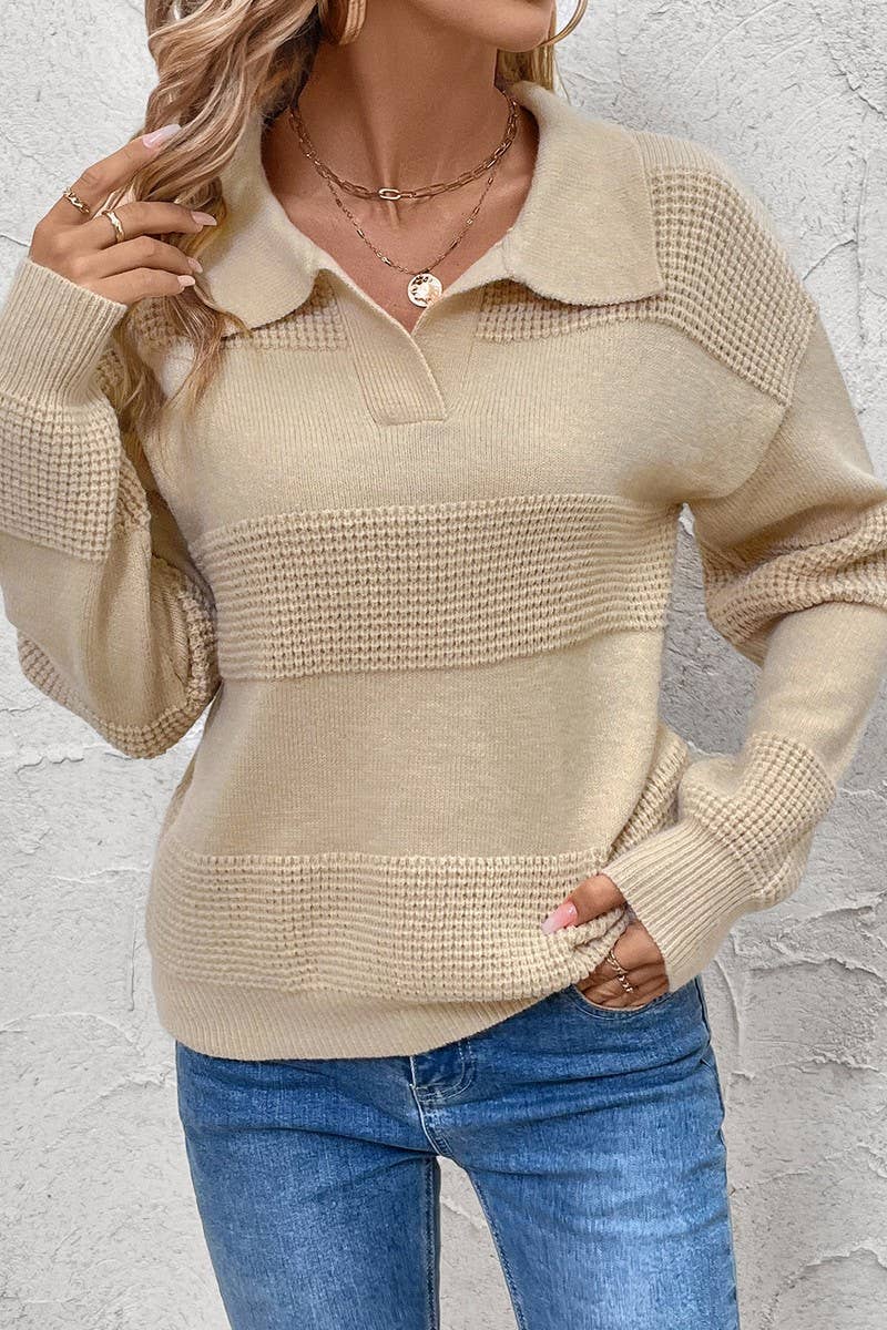 CWOSWL6826_AUTUMN KNITTED LONG SLEEVE COLLAR SWEATER