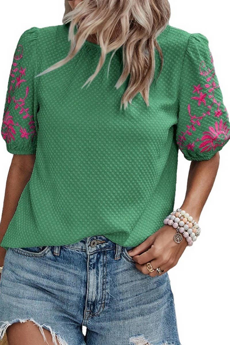 CWTBLS2264_EMBROIDERED PUFF SLEEVE CREW NECK BLOUSE