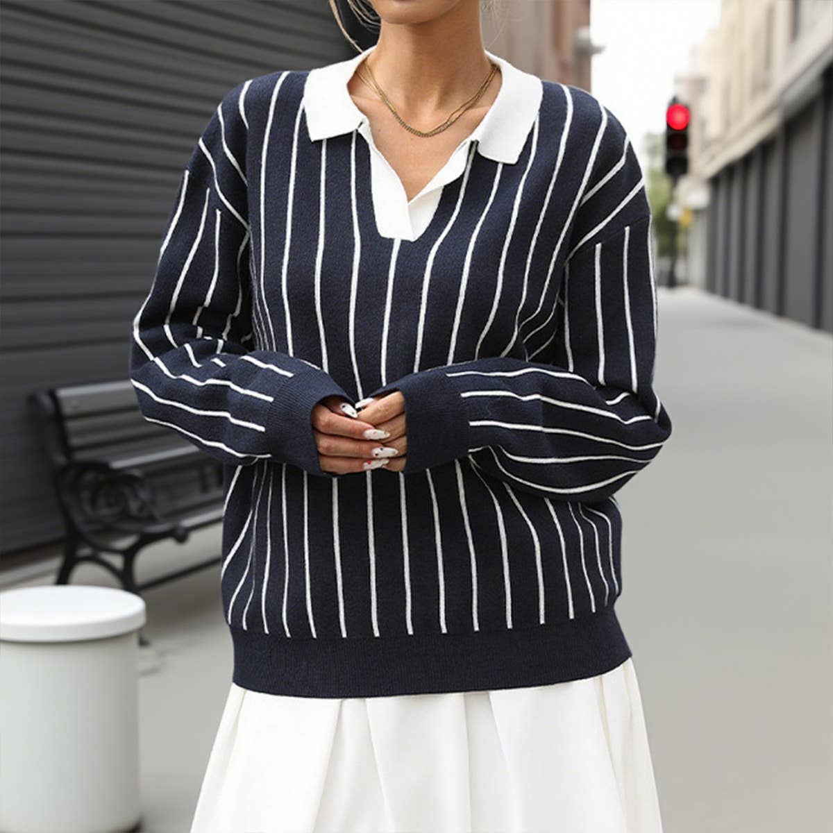 College casual street lapel striped sweater