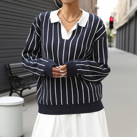College casual street lapel striped sweater
