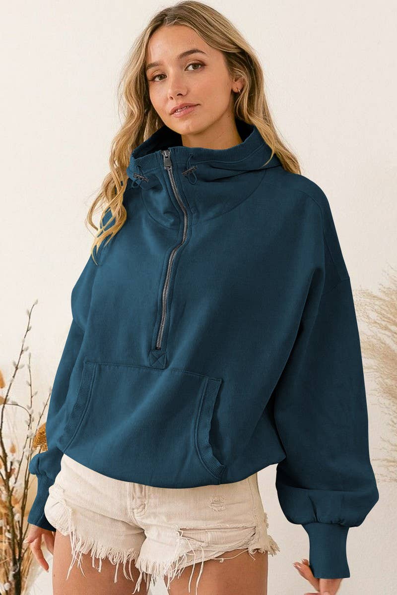 CWTBLL3988_CASUAL ZIPPER DRAWSTRING LONG SLEEVE TOP