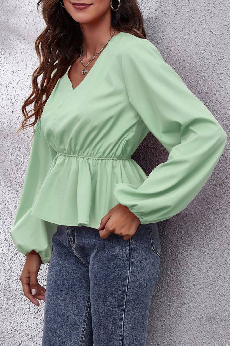 CWTBLL3760_V-NECK SOLID COLOR LANTERN SLEEVE CHIFFON SHIRT