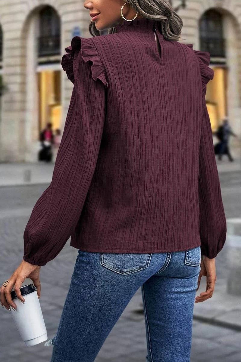CWTBLL2424_RUFFLED STAND COLLAR LANTERN SLEEVE TOP
