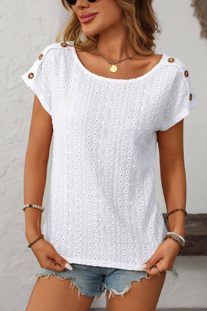 CWTBLS1709_ROUND NECK BUTTON SHORT SLEEVE CUTOUT TOP