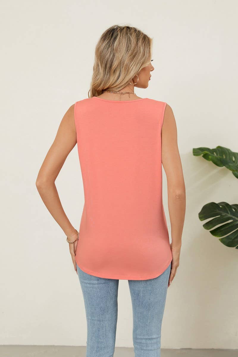 CWTBLSL0971_RUCHED SLEEVELESS CREWNECK SOLID TANK TOP