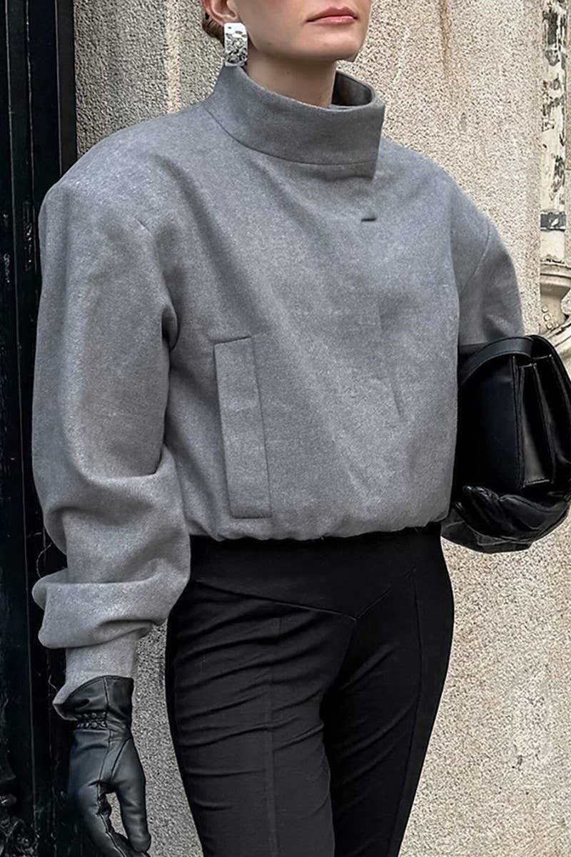 CWOCO1115_GREY SHORT WOOLEN COAT WITH SMALL STAND COLLAR