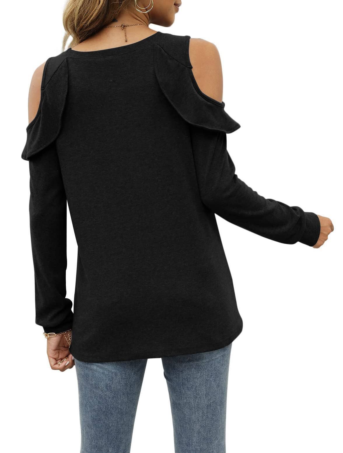 CREW-NECK, OFF-SHOULDER, RUFFLED CASUAL SWEATER