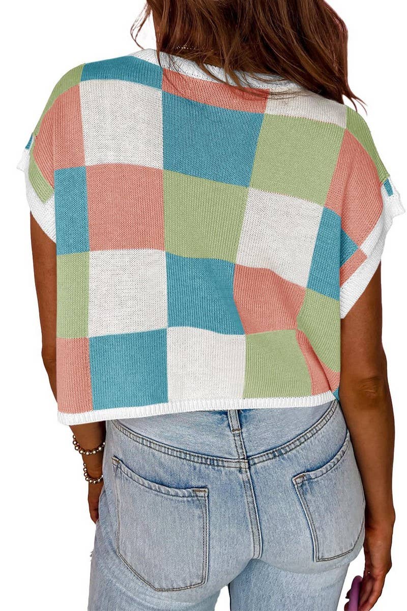 CWOSWS0123_ROUND NECK NAVEL BLOCK CHECKERED KNIT TOP