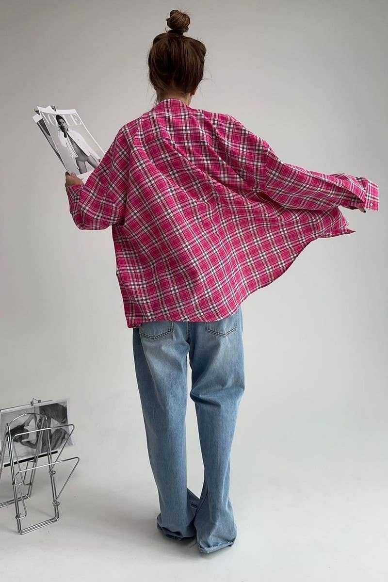 CWTBLL00570_LOOSE CASUAL LONG-SLEEVED PINK PLAID SHIRT
