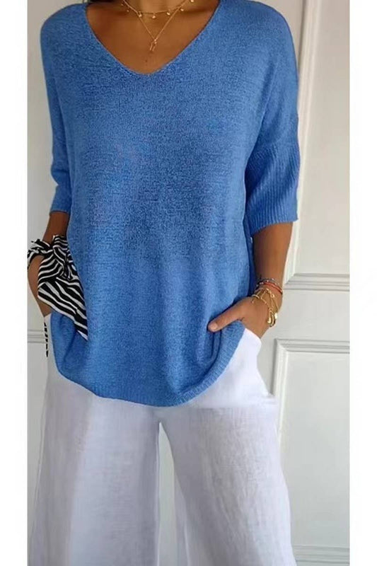 CWOSWL07659_V-NECK SOLID COLOR KNITTED BOTTOMING TOP