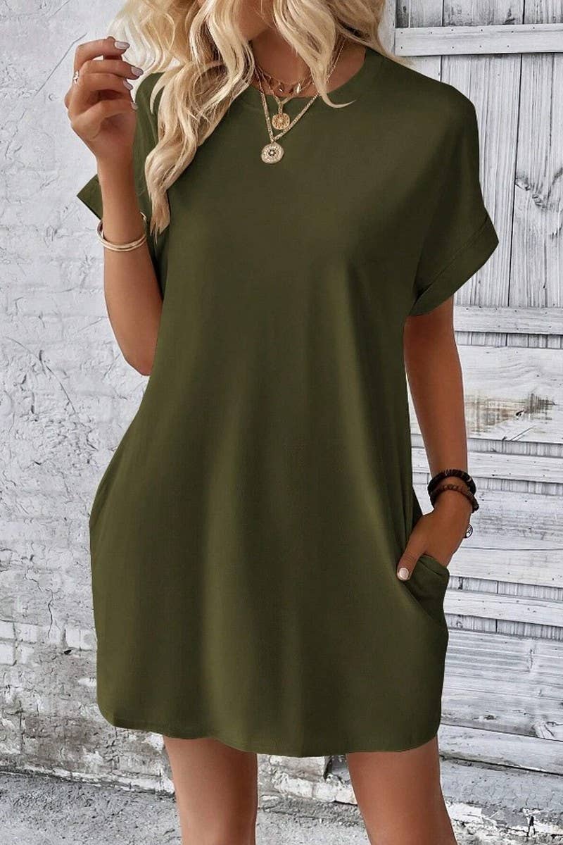 CWDSD3628_SOLID COLOR ROUND NECK LOOSE POCKET SHORT DRESS