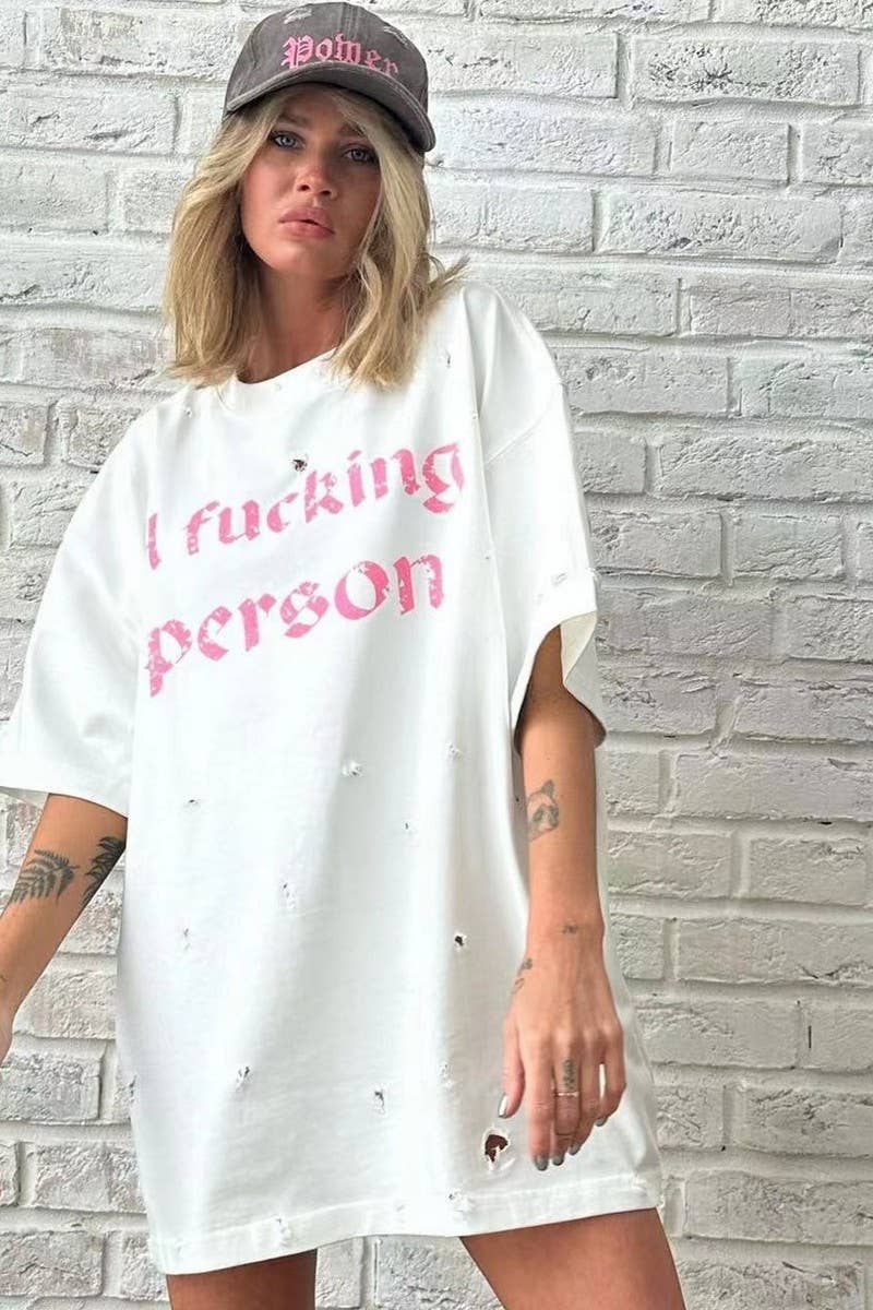 CWTTS1287_LETTER PRINT RIPPED STYLE MID-LENGTH SHORT SLEEVE