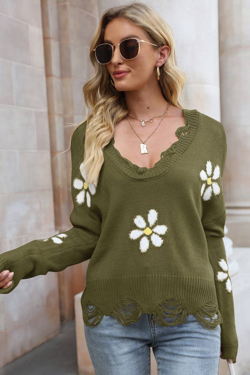 CWOSWL2667_RIPPED SMALL FLOWER V-NECK PULLOVER SWEATER
