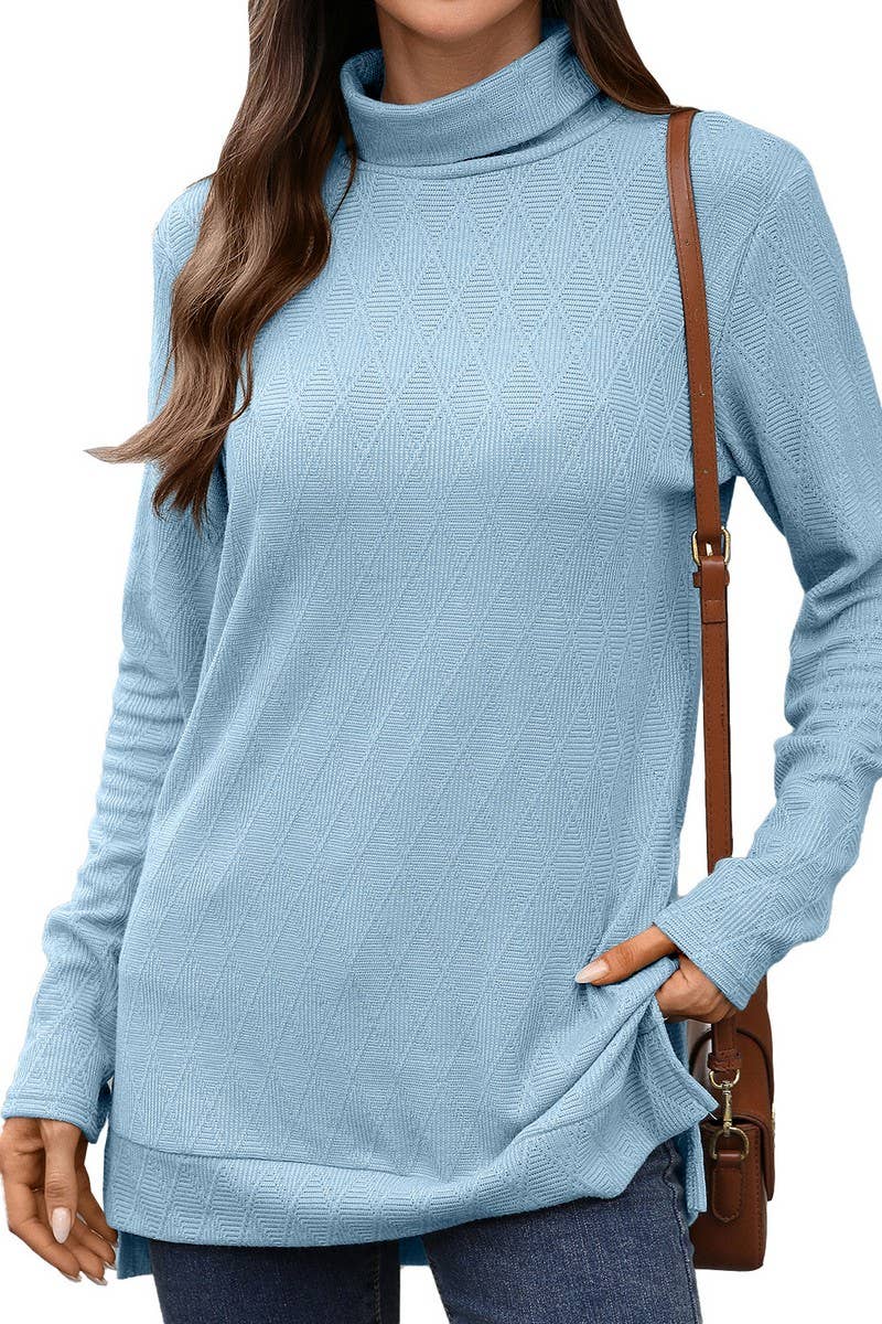 CWTBLL01289_HIGH NECK SOLID KNIT SPLIT HEM LONG SLEEVE TOP