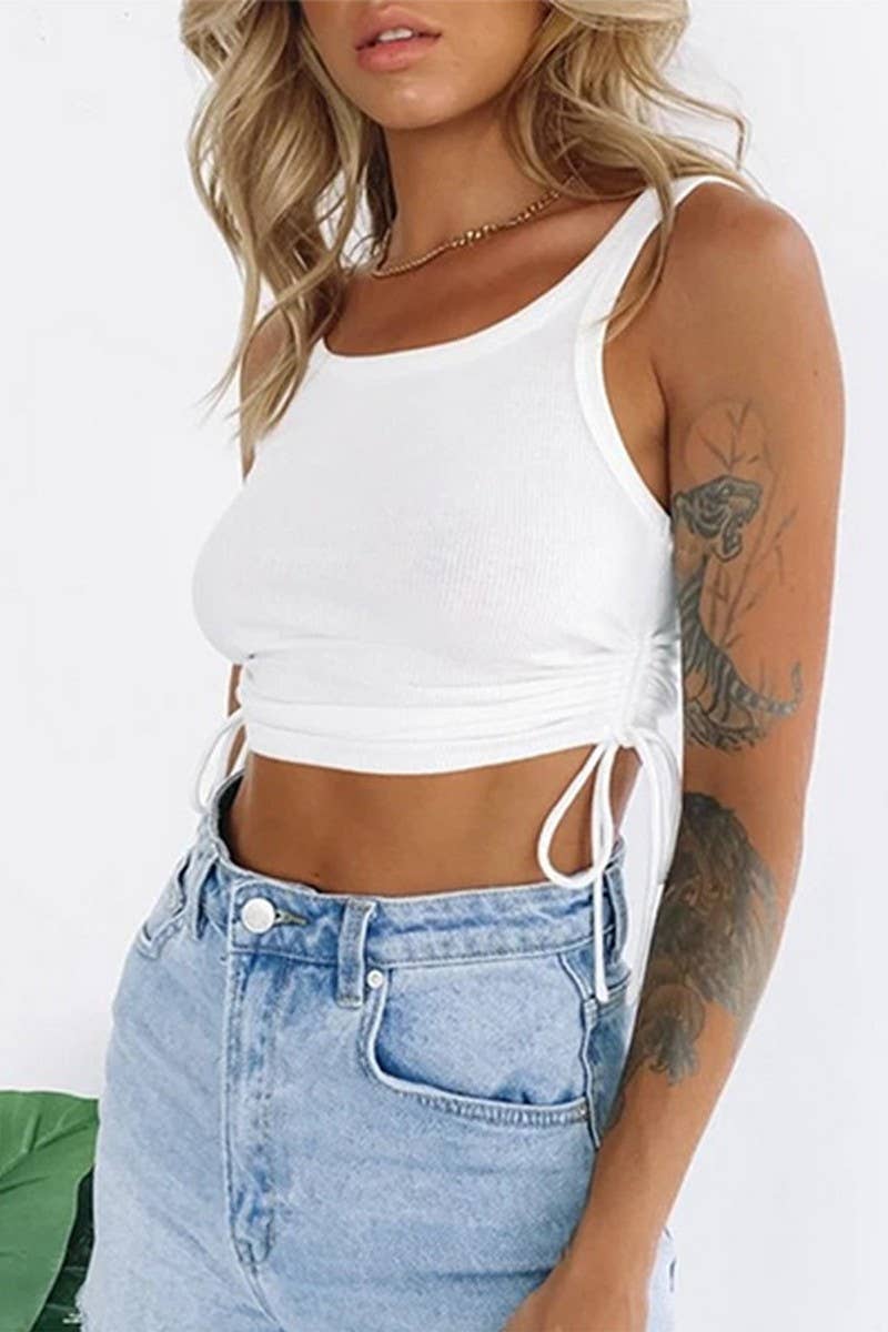 CWTTK0501_GATHERED RIBBED DRAWSTRING CROPPED TANK TOP