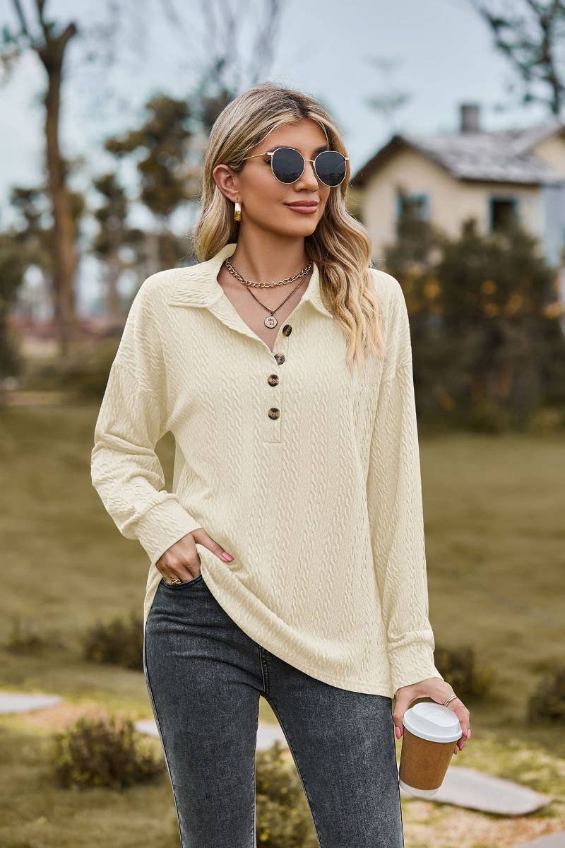 CWTBLL2803_LAPEL BUTTON-DOWN LONG-SLEEVED BAGGY TOP
