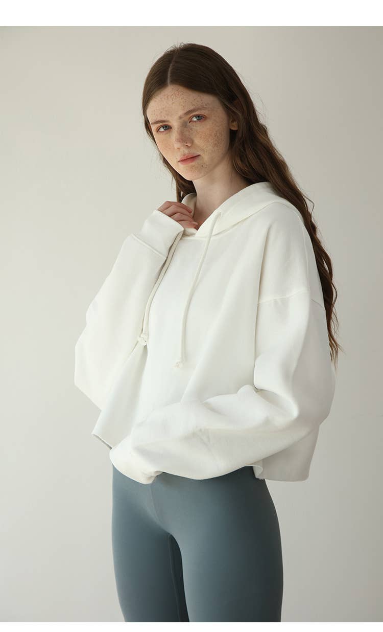 Fleece solid color sporty hooded sweatshirt