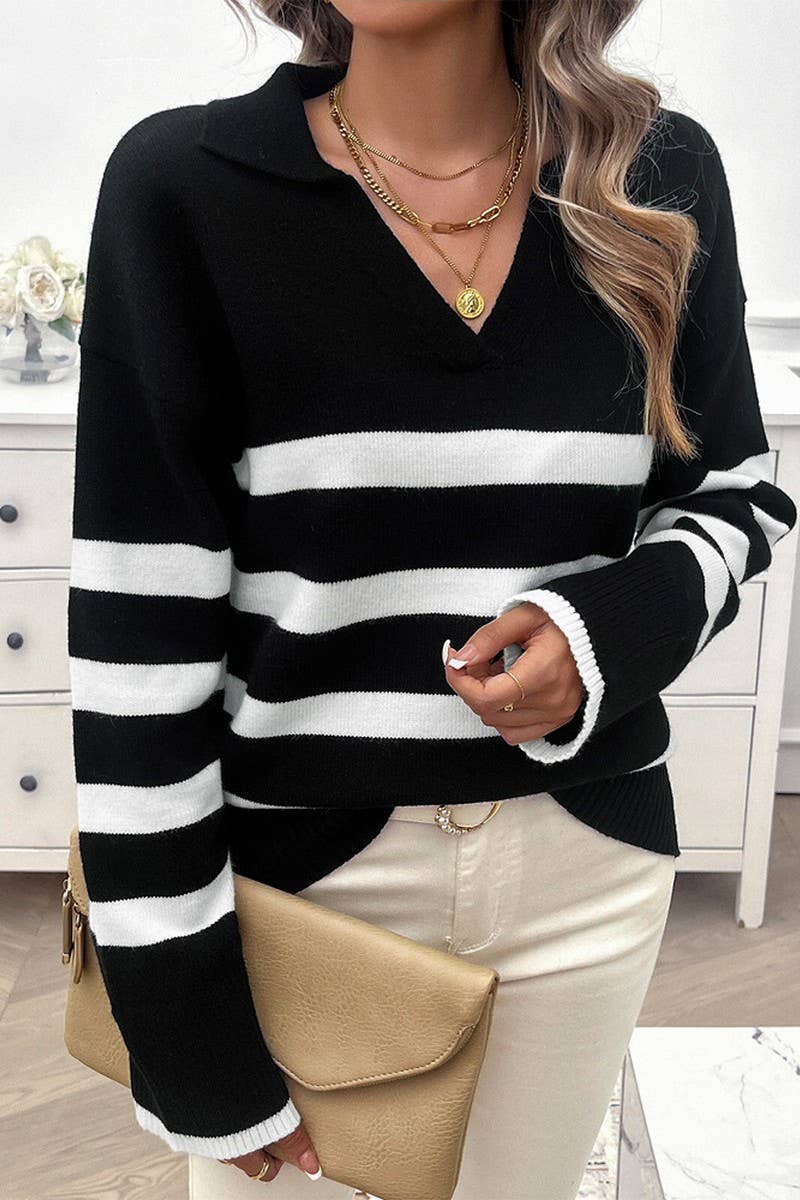 CWOSWL6816_CASUAL LOOSE STRIPED CONTRAST COLLAR SWEATER