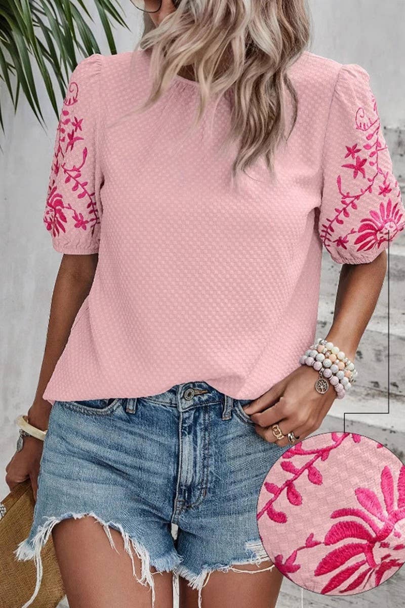 CWTBLS2264_EMBROIDERED PUFF SLEEVE CREW NECK BLOUSE