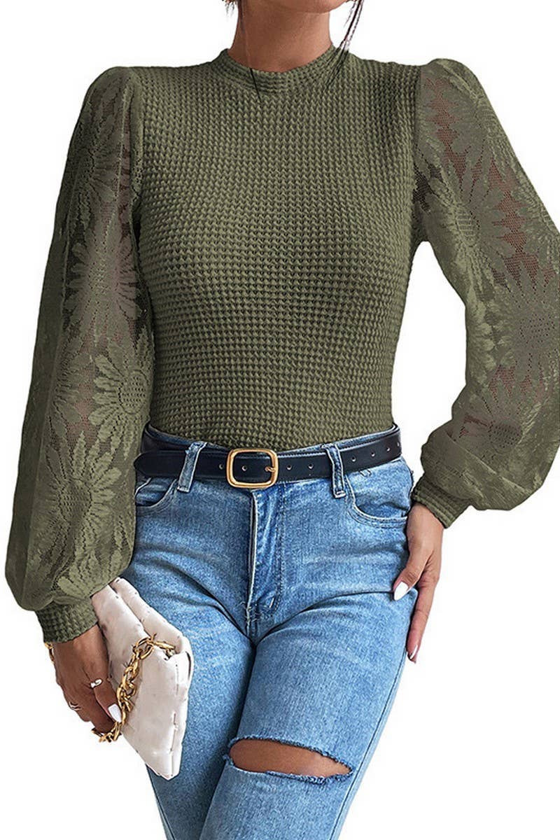 CWTBLL3977_CREW NECK LACE SLEEVE HOLLOW OUT PULLOVER TOP