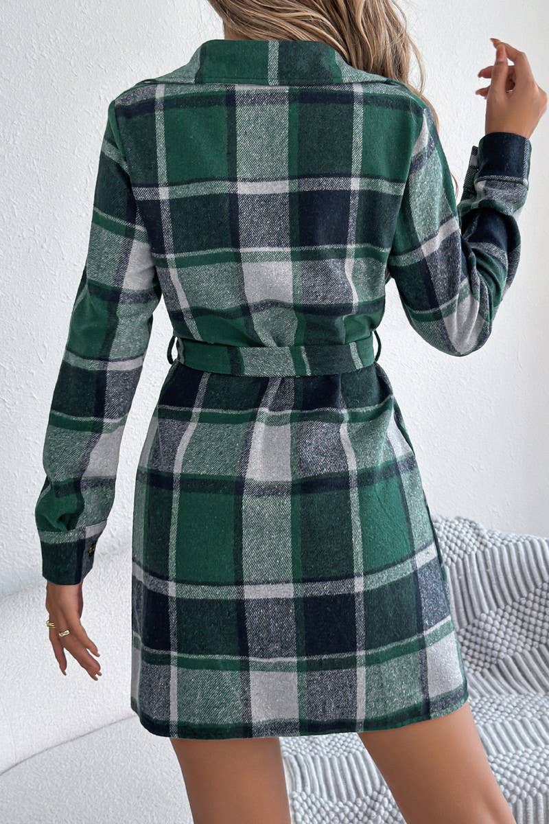 CWTDSL0124_CASUAL COLORBLOCK LONG SLEEVE PLAID SHIRT DRESS