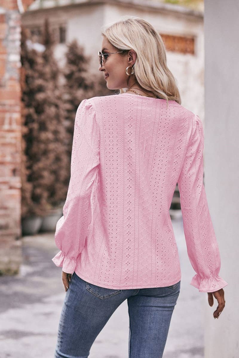 CWTBLL2739_SOLID COLOR HOLLOW LACE LONG-SLEEVED TOP