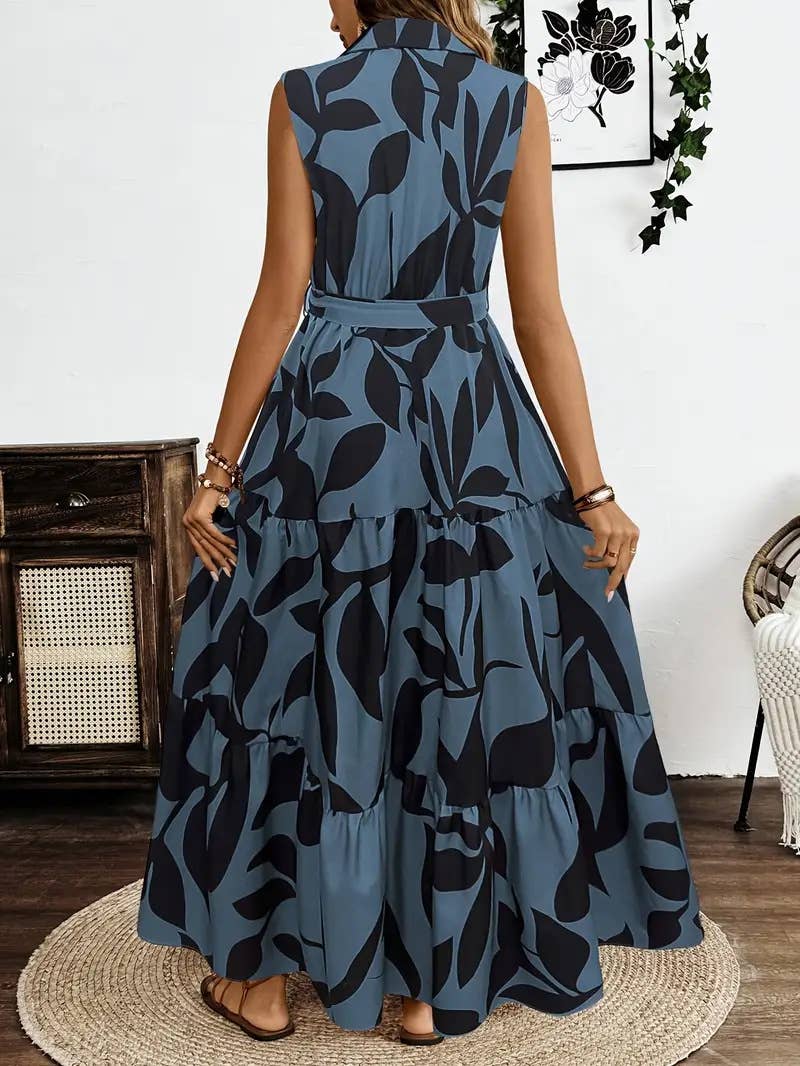 Elegant printed and a cinched waist long dress