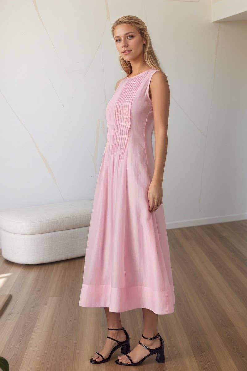 CWDMD6404_PINK RUCHED SLEEVELESS TANK MIDI DRESS