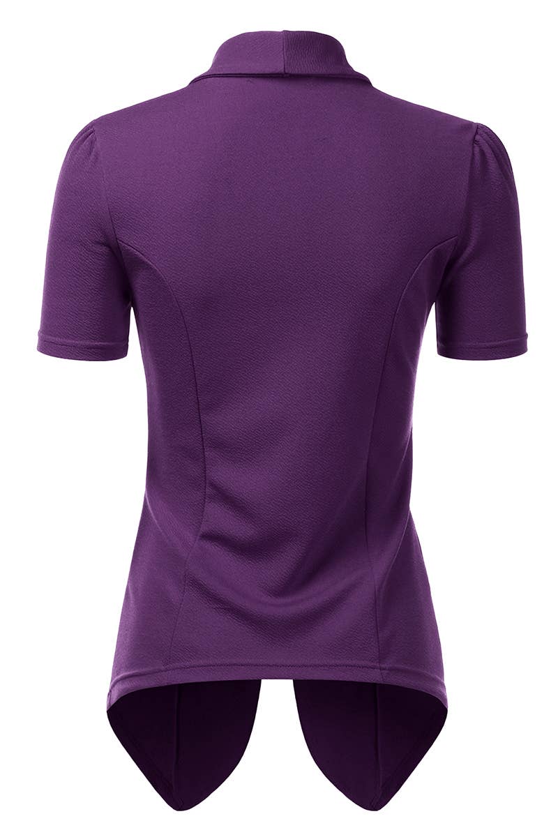 CWOBL095-P_Short Sleeve Open Front Draped Ruffles Blouses