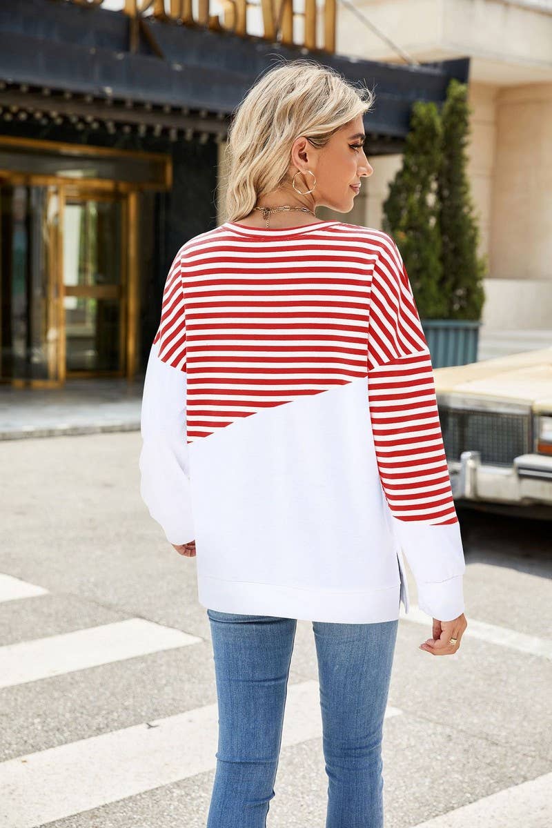 CWTBLL2368_ROUND NECK SLIT CONTRAST STRIPE SWEATSHIRT