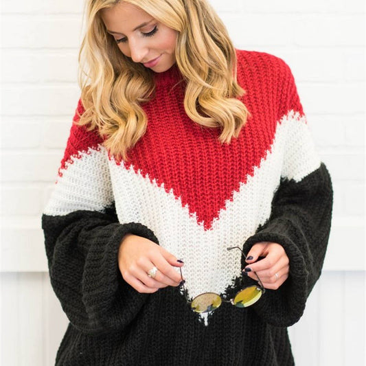 Color contrast large size patchwork striped sweater