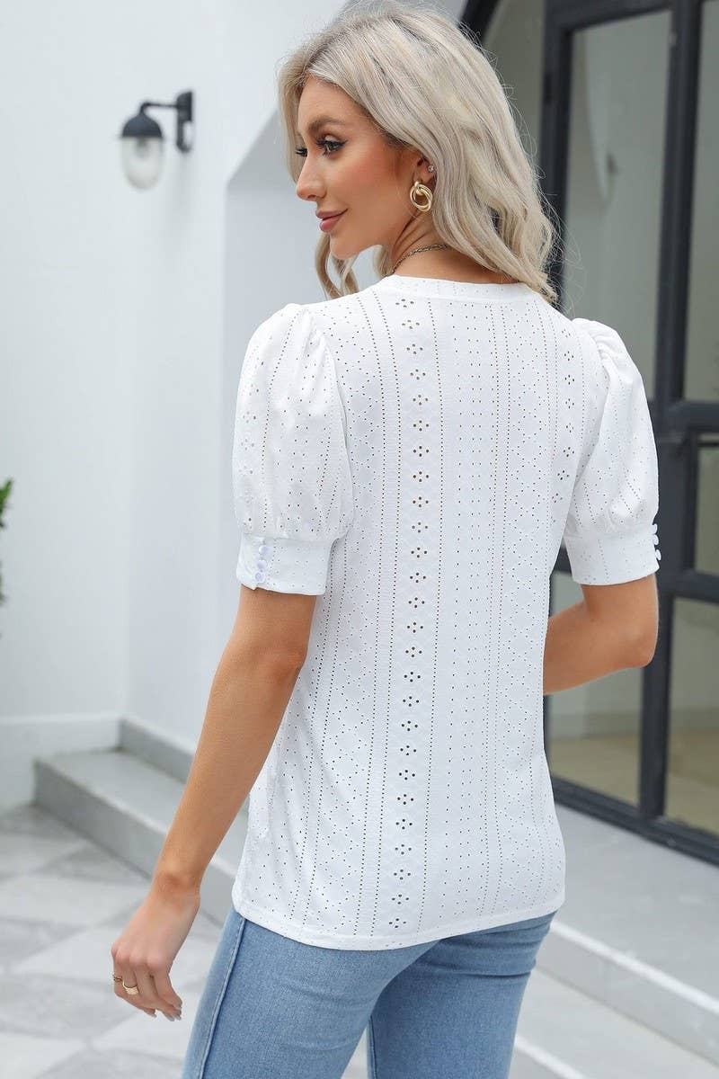 CWTBLS1599_ROUND NECK SOLID COLOR HOLLOW SHORT SLEEVE TOP