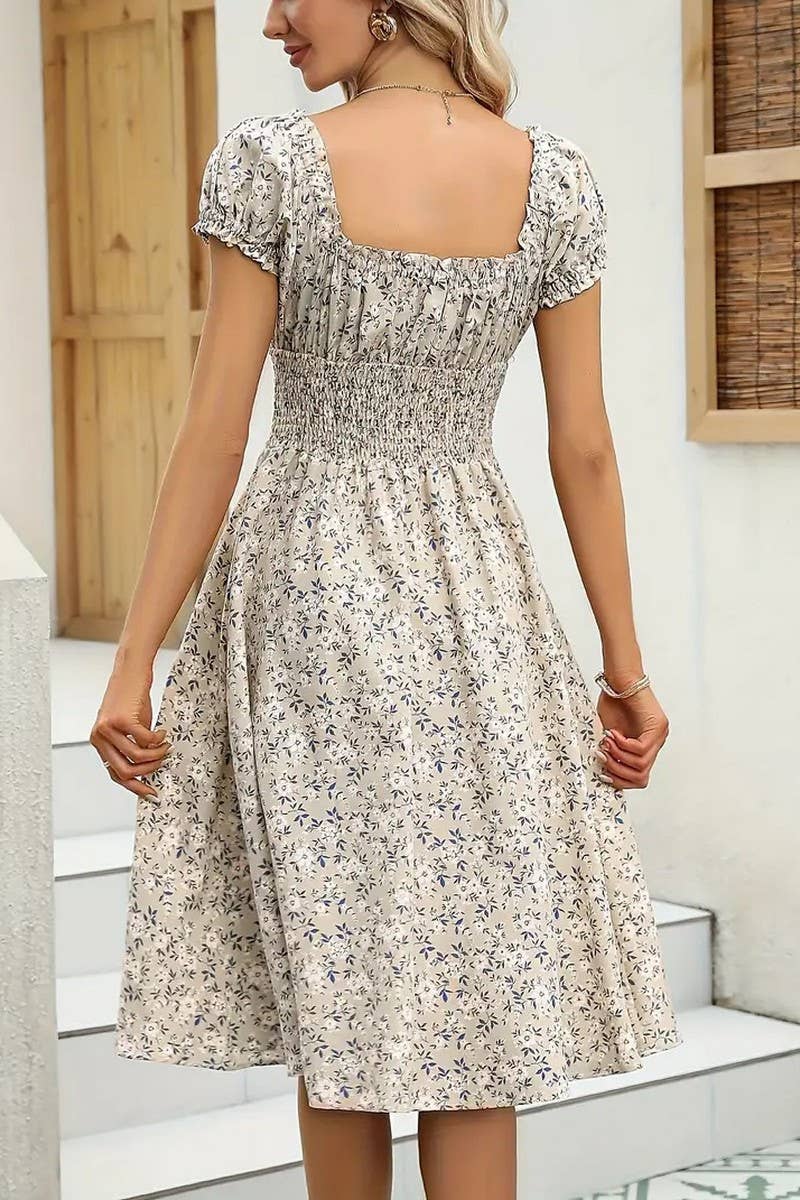 CWDMD5870_VINTAGE FLORAL PUFF SLEEVE FRENCH MIDI DRESS