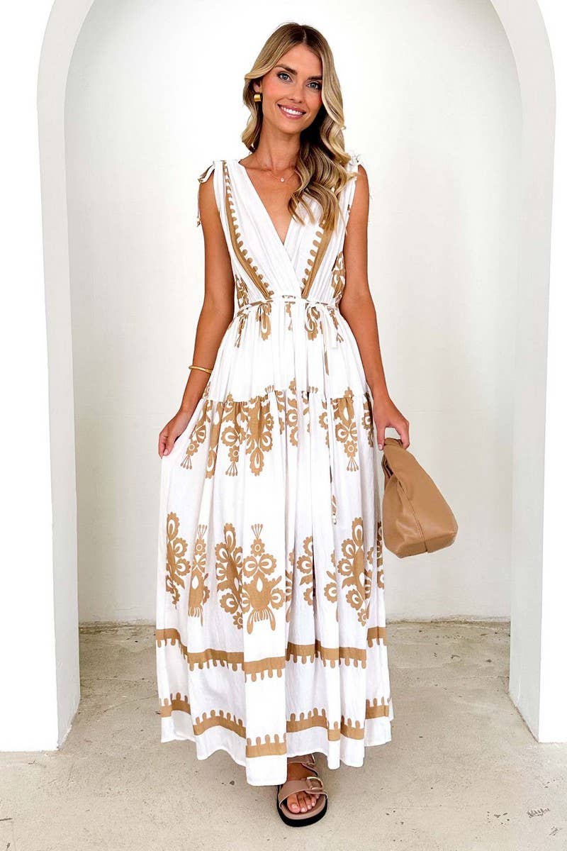 CWDMD6297_NEW SUMMER PRINTED V-NECK WAISTED DRESS