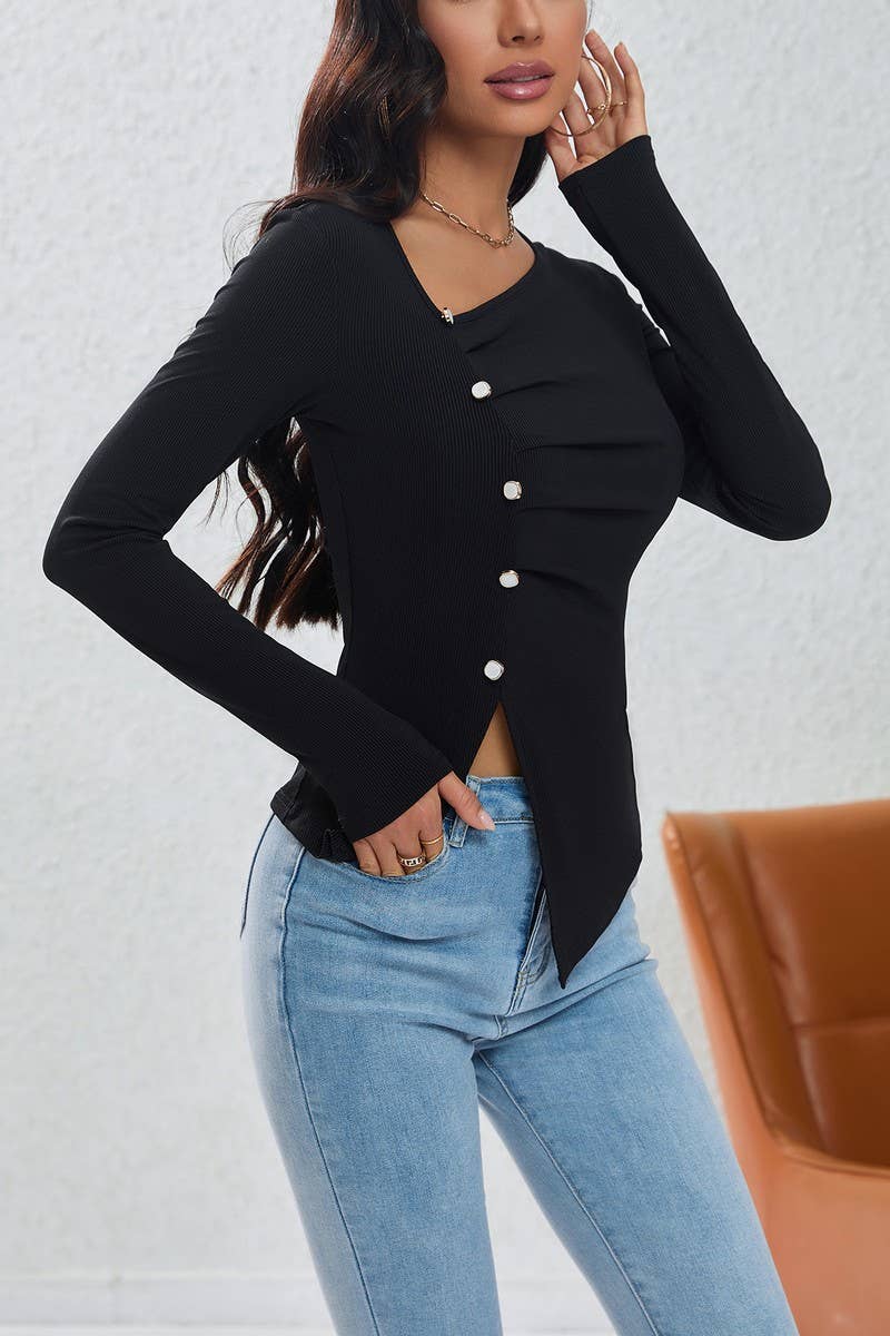CWTBLL2722_PLEATED BUTTON IRREGULAR KNIT BOTTOMING TOP