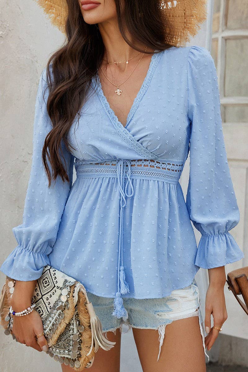 CWTBLL3592_V-NECK SOLID COLOR TIE WAIST TOP SHIRT