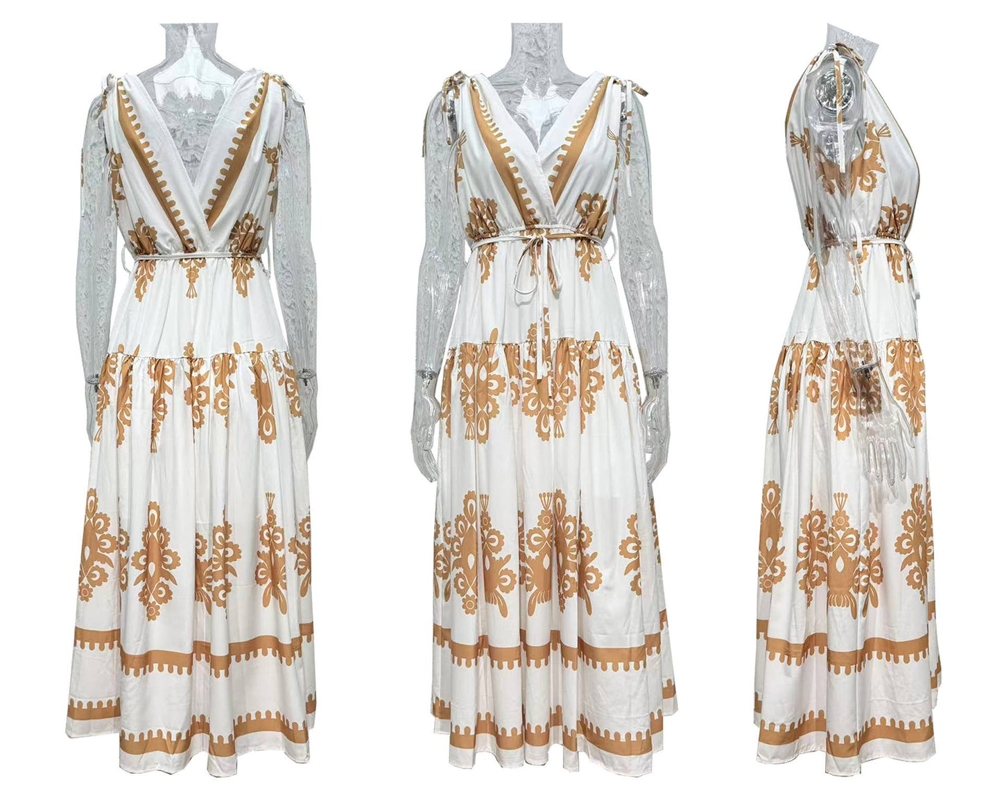 Cinched waist large hem printed V-neck dress