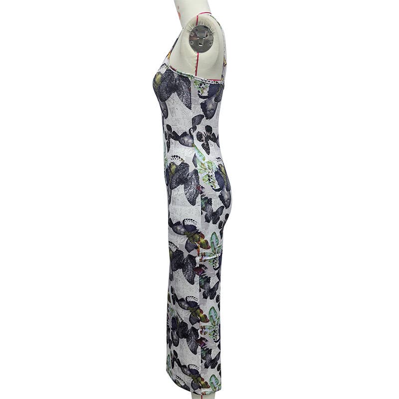 BUTTERFLY PRINT SEXY SLIM-FIT HALTER DRESS
