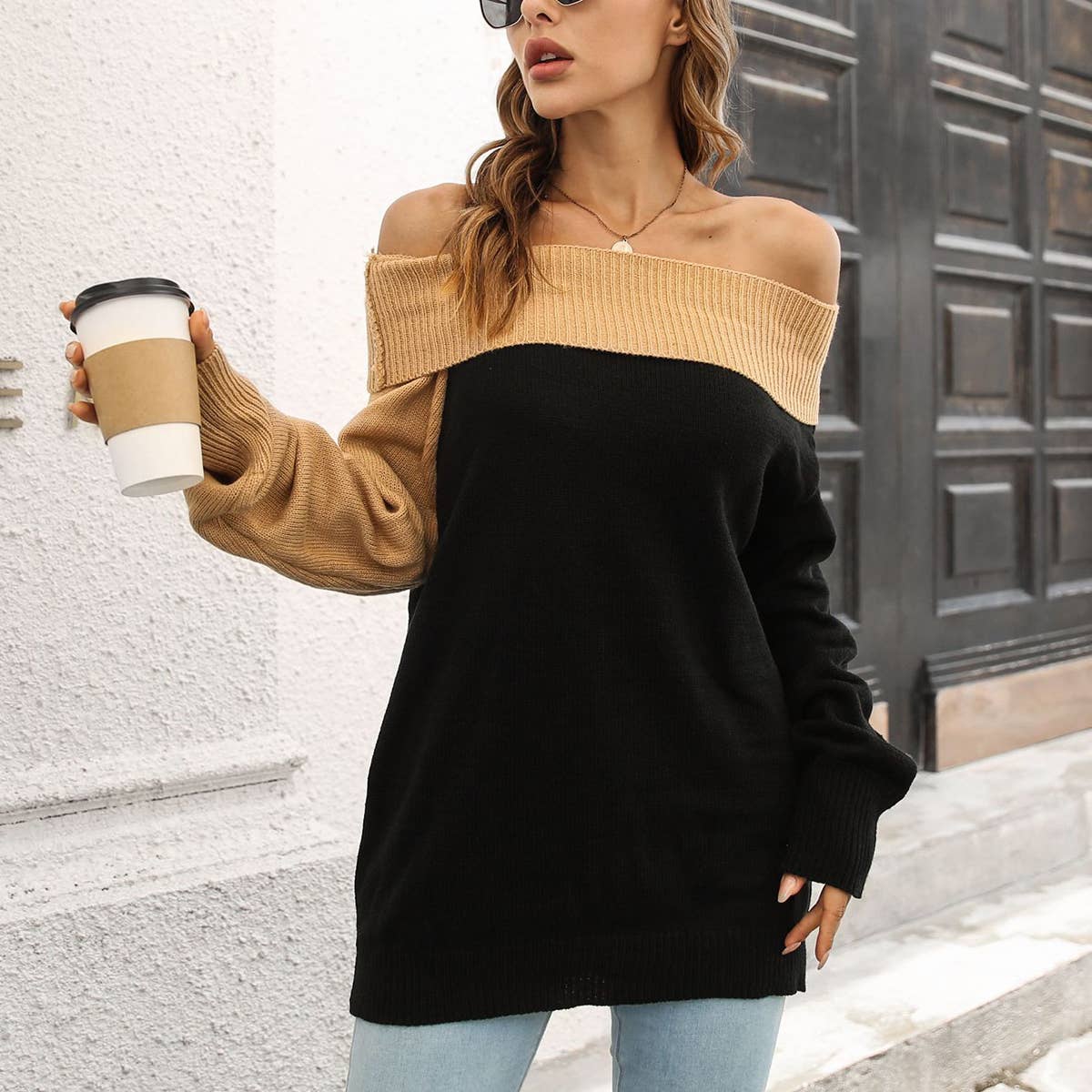 DESIGN SENSE LINE NECK LOOSE SWEATER LADY
