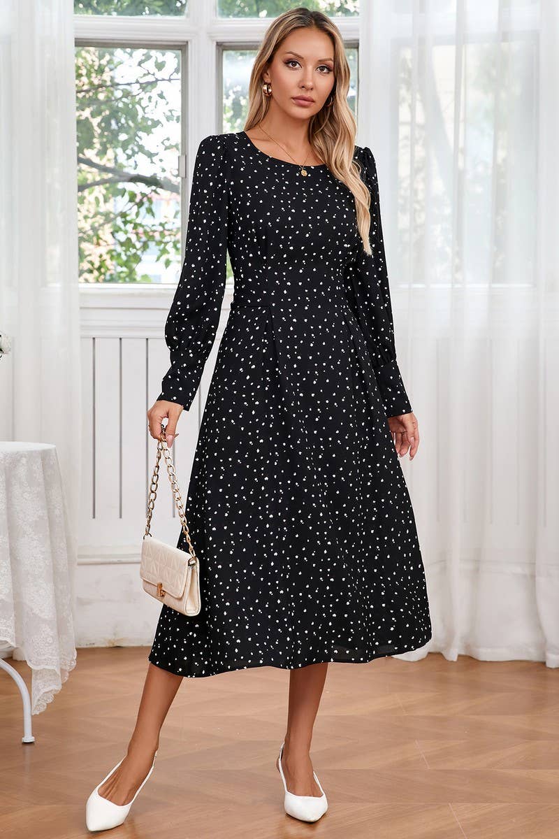 CWDMD3989_SMALL FLORAL ROUND NECK TIE LONG SLEEVE DRESS