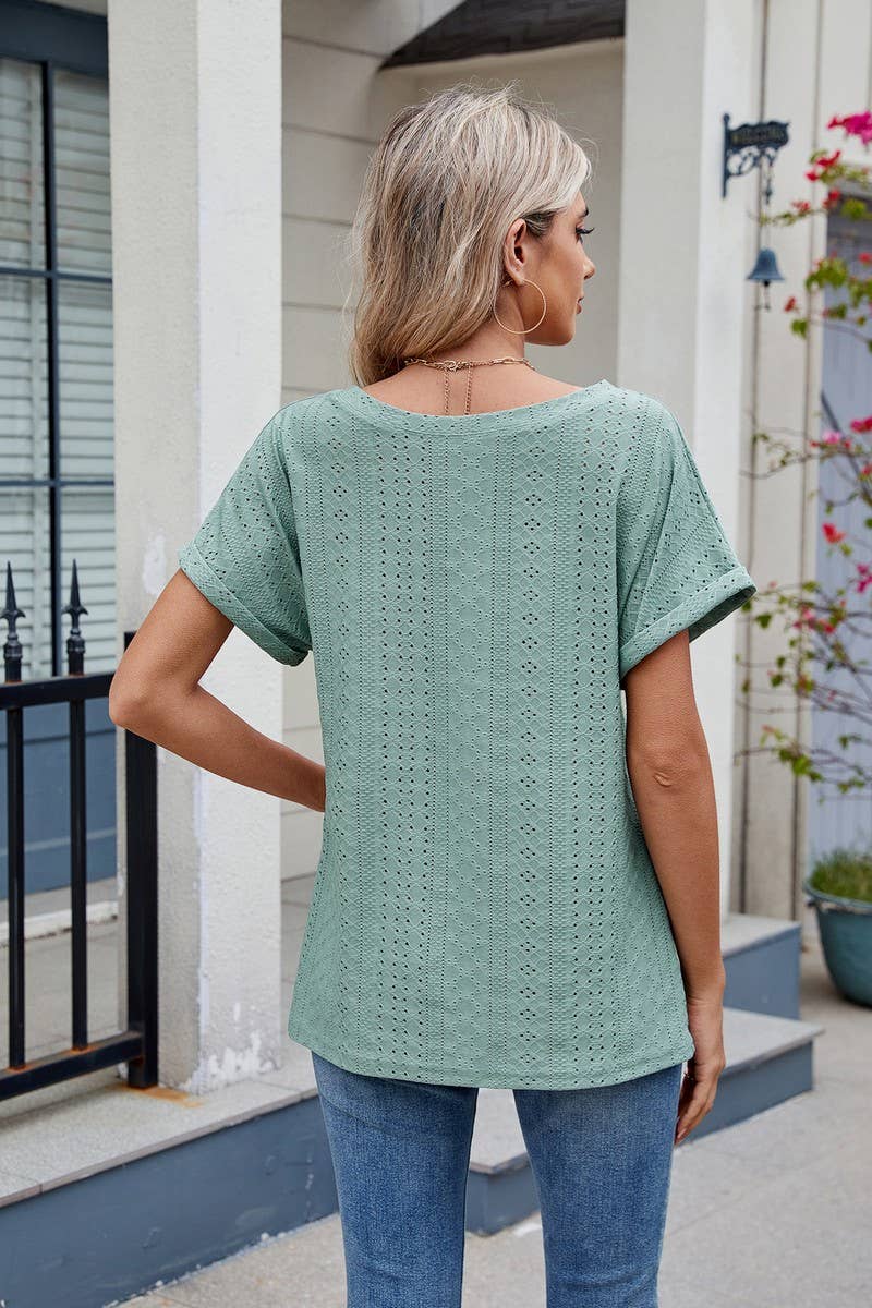 CWTBLS1735_HOLLOW ROUND NECK SHORT SLEEVE CASUAL T-SHIRT TOP